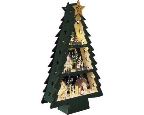 Dekorativ julgran i trä med stjärnor och hus