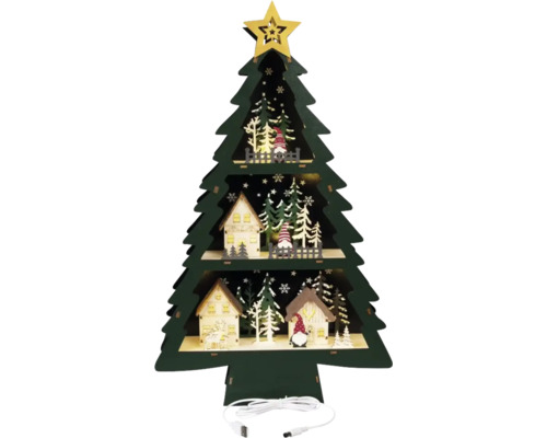 Dekorativ julgran av trä med LED-belysning, inklusive hus och figurer
