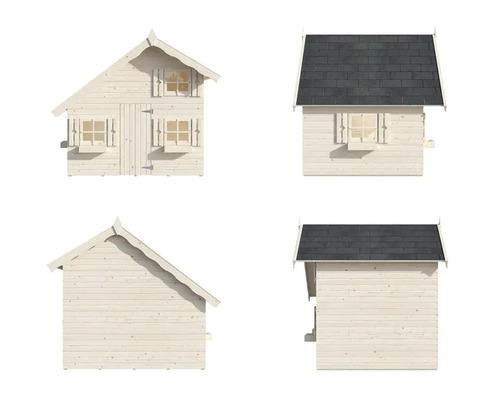 Vy av ett trädgårdshus i trä med dörr, fönster och tak