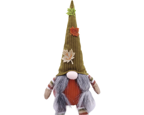 Dekorativ höstfigur tomte med manchesterhatt och lönnlöv