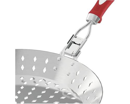 Fritteringssked i rostfritt stål med hål och rött handtag
