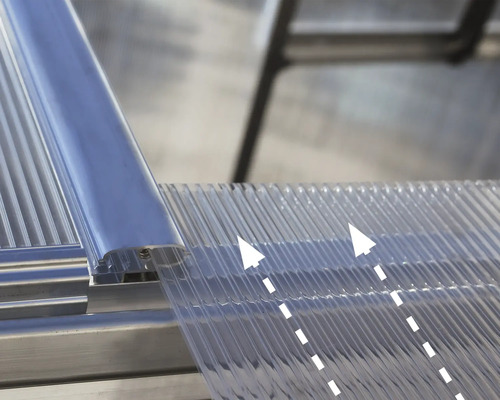Närbild av en transparent kanalplastskiva med aluminiumprofil