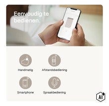 Person som styr rullgardin via smartphone app samt översikt av manöveralternativ manuellt, fjärrkontroll, smartphone och röststyrning. (Image AI modified or generated)