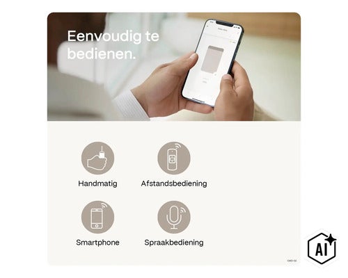 Person som styr rullgardin via smartphone app samt översikt av manöveralternativ manuellt, fjärrkontroll, smartphone och röststyrning. (Image AI modified or generated)