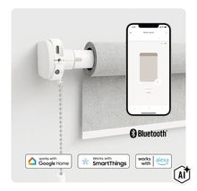 Smart rullgardinsmotor för eftermontering på kedjedrivna rullgardiner, styrbar via app, kompatibel med Google Home, SmartThings och Alexa. (Image AI modified or generated)