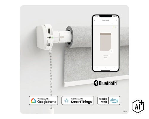 Smart rullgardinsmotor för eftermontering på kedjedrivna rullgardiner, styrbar via app, kompatibel med Google Home, SmartThings och Alexa. (Image AI modified or generated)