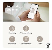 En person styr en rullgardin via en smartphone app samt andra kontrollalternativ som fjärrkontroll, röststyrning och timer. (Image AI modified or generated)