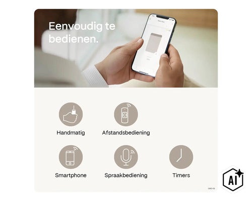 En person styr en rullgardin via en smartphone app samt andra kontrollalternativ som fjärrkontroll, röststyrning och timer. (Image AI modified or generated)
