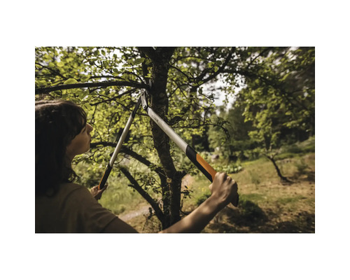 En kvinna beskär ett träd med en grensax