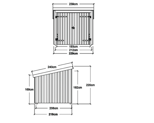 Teknisk ritning av ett trädgårdsskjul med mått