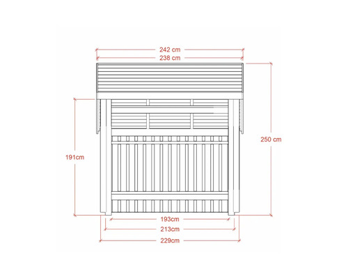 Teknisk ritning av en trädgårdslounge med mått
