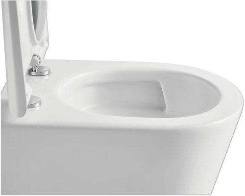 Detaljvy av en vägghängd toalett med öppet toalettlock.