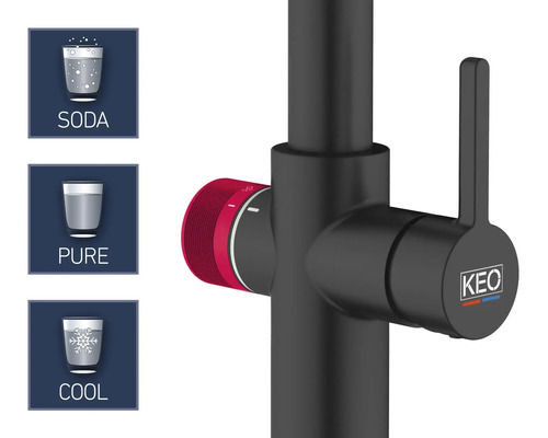 Blandare med alternativen Soda, Ren och Kall samt Keo-logotypen