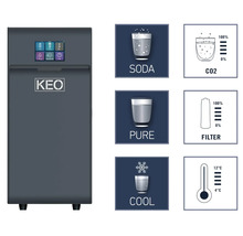 Vattendispenser med läsk-, renings- och kylfunktioner samt indikatorer för CO2, filter och temperatur