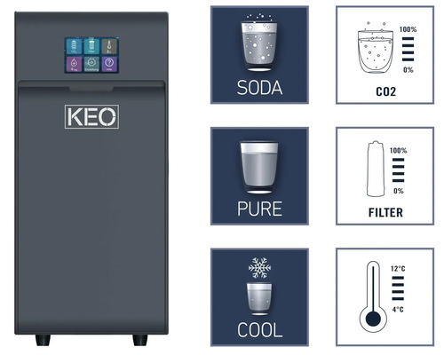 Vattendispenser med läsk-, renings- och kylfunktioner samt indikatorer för CO2, filter och temperatur