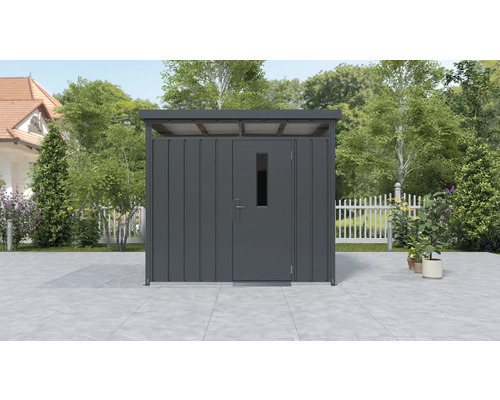 Metallförråd med dörr och fönster för utomhusbruk