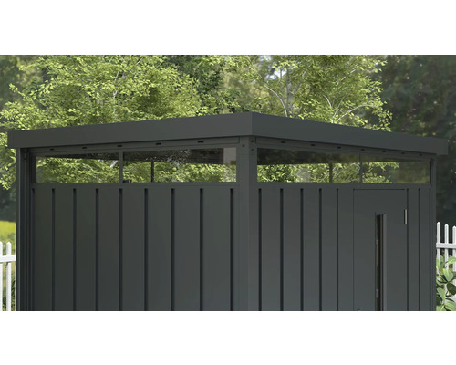 Trädgårdsskåp med dörr och glasöverljus framför träd