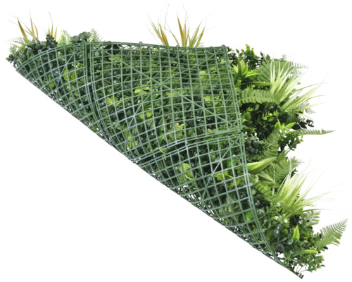 Grön växtvägg med olika växtarter och plastgitter