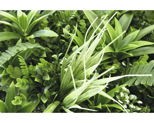 Närbild av en konstgjord växtvägg med olika gröna växter