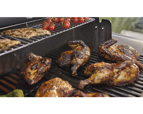 Grillad kyckling, fisk och tomater på en grill.