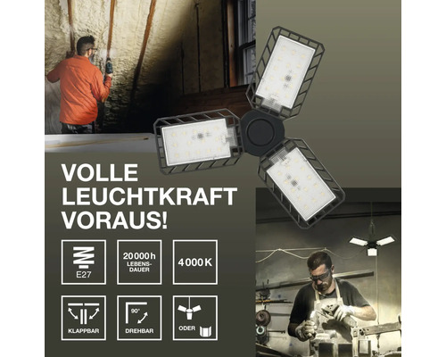 Trippel LED-verkstadslampa med E27-sockel och fällbara belysningselement