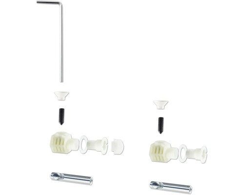 Möbelkopplingsmonteringssats med insexnyckel, skruvar och plastdelar