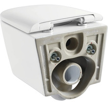 Vägghängd toalett med toalettlock, bakifrån med anslutningar