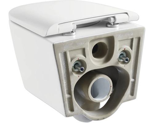 Vägghängd toalett med toalettlock, bakifrån med anslutningar