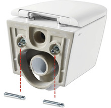 Detaljbild av en vägghängd toalett med monteringsanvisning.