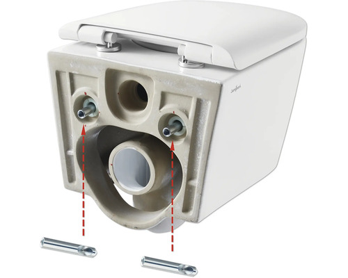 Detaljbild av en vägghängd toalett med monteringsanvisning.