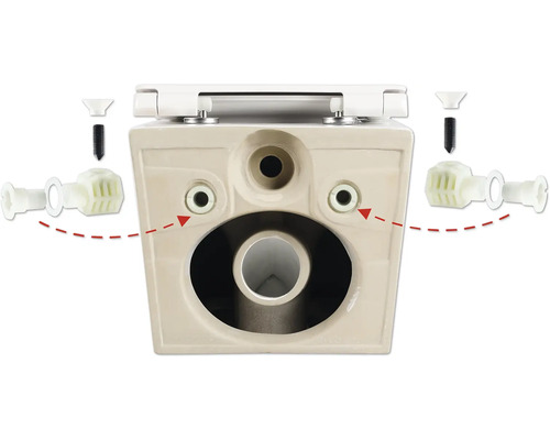 Baksidan av en golvstående toalett med monteringselement