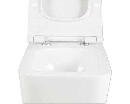 Vit vägghängd toalett med djup spolning, öppen spolkant och toalettsits
