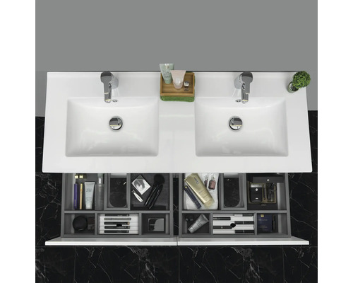 Dubbel tvättställ med öppet lådsystem för badrumsförvaring