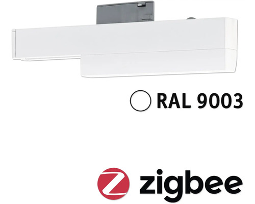 Vit markis med Zigbee-logotyp och RAL 9003-beteckning