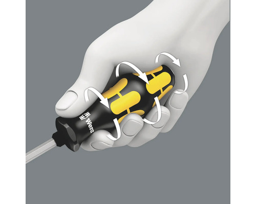 Illustration av en Wera skruvmejsel i en hand, som illustrerar rotationsrörelsen