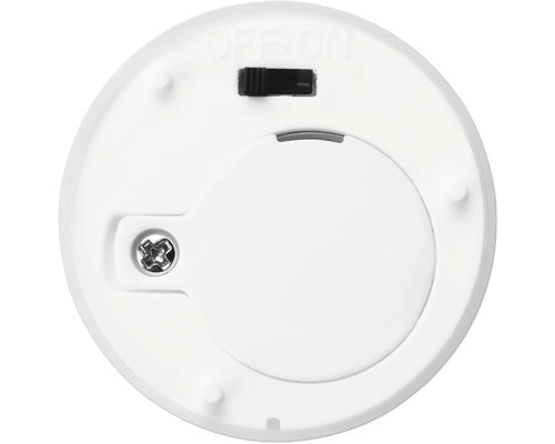 Undersida av en rund LED-lampa med batterifack och strömbrytare