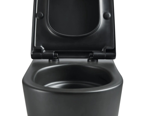 Vägghängd toalett med djup spolning, öppen spolkant och toalettsits