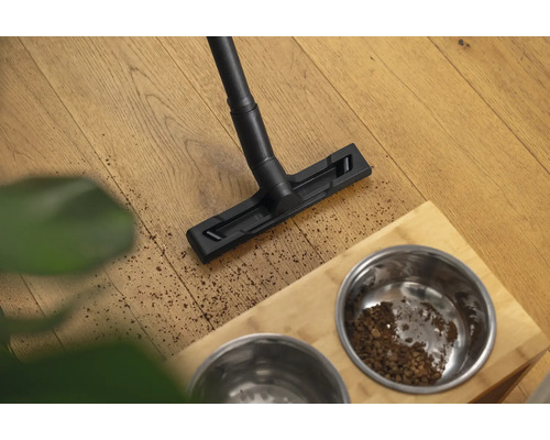 Dammsugare rengör golvet bredvid matskålen