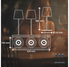 Teknisk ritning av en trearmad bordslampa med måtten 420 mm bred, 150 mm hög, 360 mm lamphöjd och 120 mm diameter lampfot