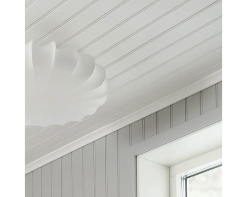 Interiör med träpanel i taket, väggbeklädnad och fönsterramar