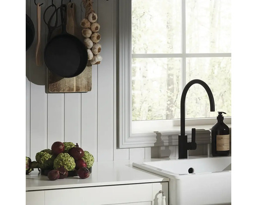 Köksscen med diskho, blandare, fönster och dekoration