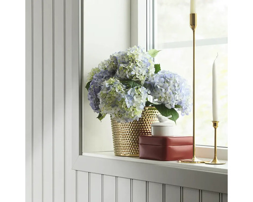 Dekorativt stilleben med hortensior i gyllene vas på fönsterbrädan, bredvid smyckeskrin och ljusstakar.