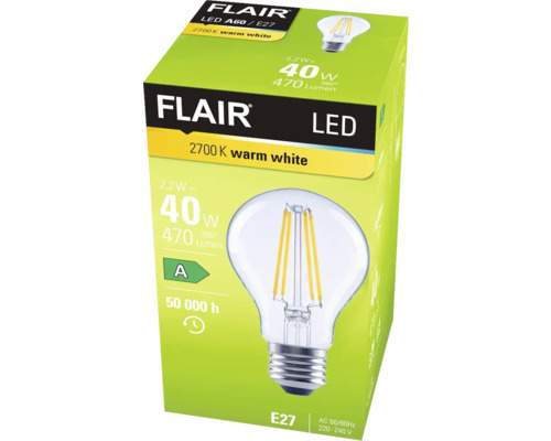 Förpackning för en Flair LED-lampa A60 E27 med 2700 Kelvin varmvitt