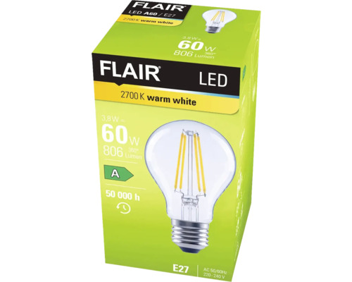 FLAIR LED-lampa A60 E27, varmvit, på förpackning
