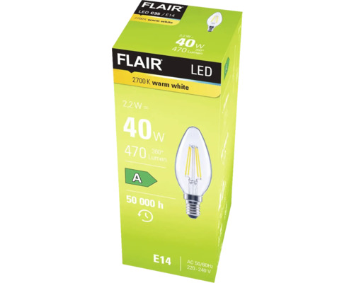 Förpackning för en Flair LED-lampa C35/E14 med 2700 Kelvin varmvitt