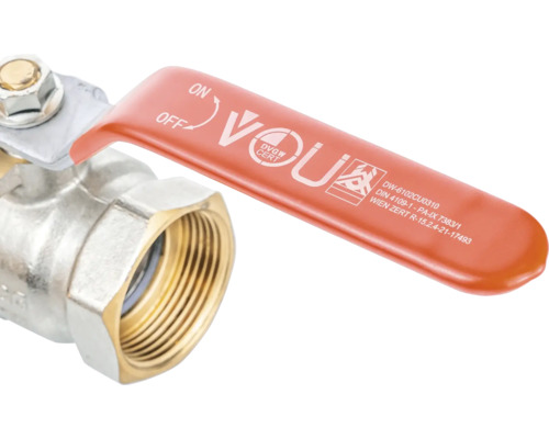 Kulventil av mässing med rött handtag och DGVW-certifiering