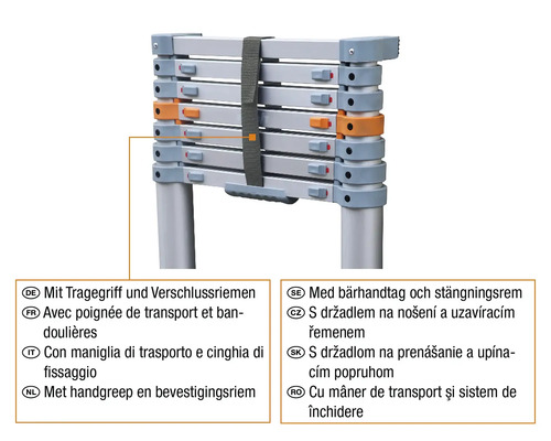 Teleskopstege i infällt läge med bärhandtag och stängningsrem