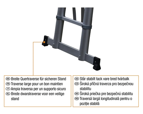 Står stabilt tack vare bred tvärbalk på stegen