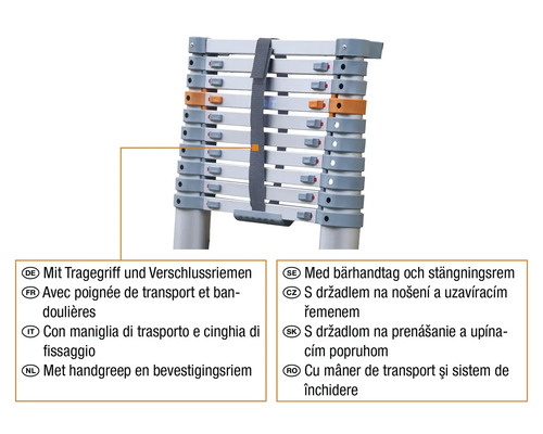 Teleskopisk stege med bärhandtag och stängningsrem