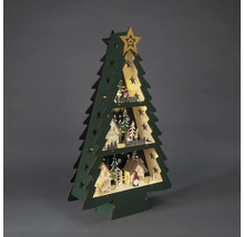 Dekorativ julgran i trä med upplysta hus och stjärnor